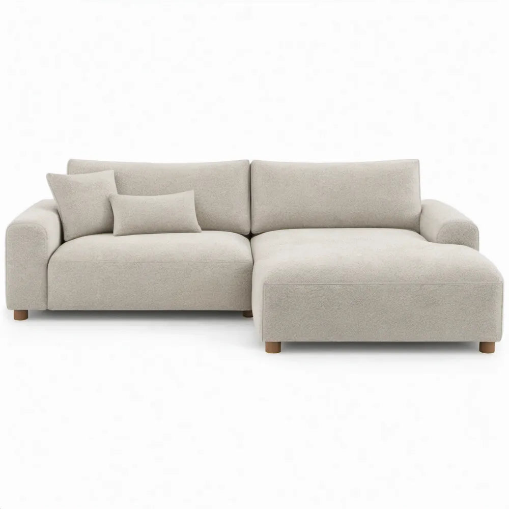 Beige bouclé hoekbank met chaise longue rechts, 250 x 160 x 85 cm