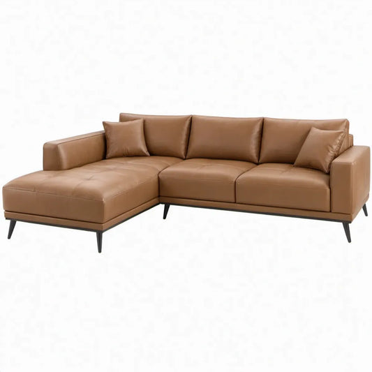 Hoekbank met linker chaise longue 275 x 165 x 85 cm in cognacbruin kunstleer met zwarte stalen poten
