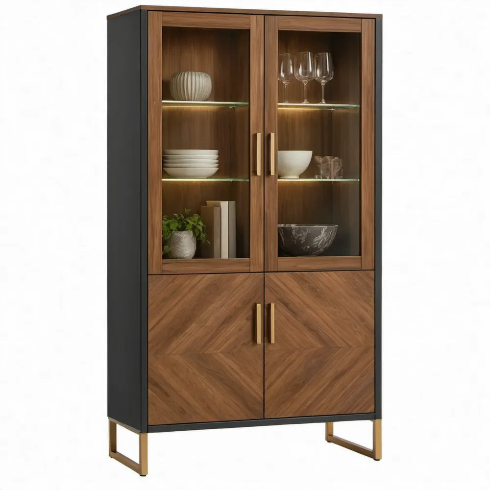 Vitrinekast met 4 deuren, LED-verlichting en glazen legplanken, 90 x 40 x 180 cm, walnootbruin/zwart/goudkleurig