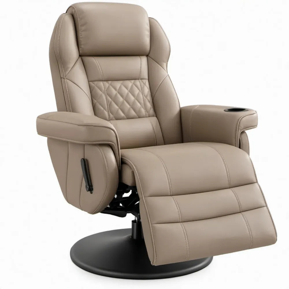 Taupekleurige handmatig verstelbare relaxfauteuil van PU-kunstleer met draaivoet, bekerhouder en voetensteun – 86 x 91 x 105 cm