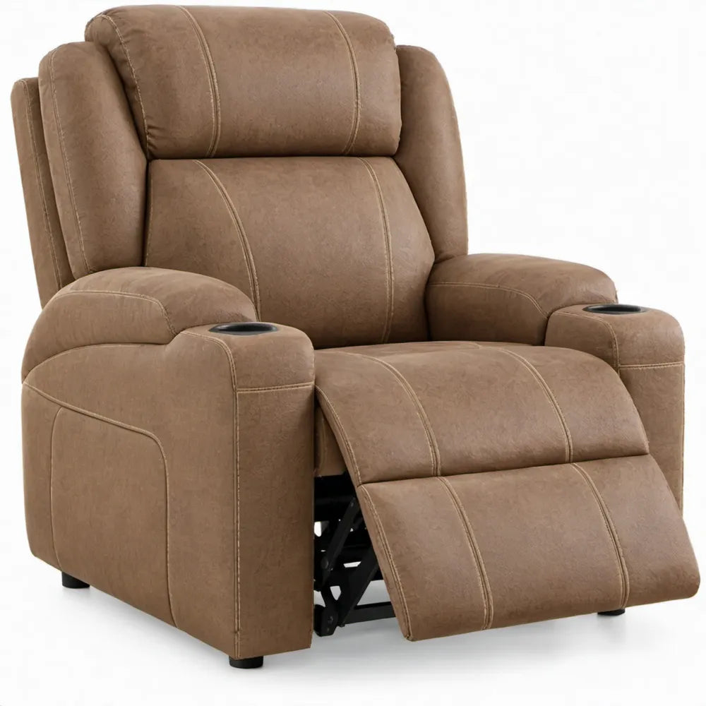 Handmatig verstelbare relaxfauteuil met voetensteun en bekerhouders, bruin microvezelpolyester, 98 x 92 x 104 cm