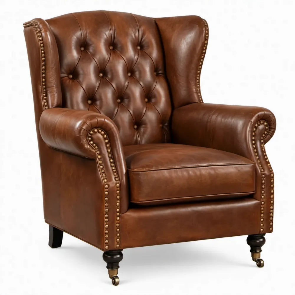 Chesterfield oorfauteuil met hoge rugleuning van bruin PU-kunstleer, 85 x 90 x 110 cm