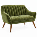 2-zitsbank van olijfgroen polyesterfluweel met bruine houten poten, 130 x 75 x 82 cm