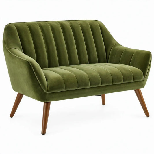 2-zitsbank van olijfgroen polyesterfluweel met bruine houten poten, 130 x 75 x 82 cm