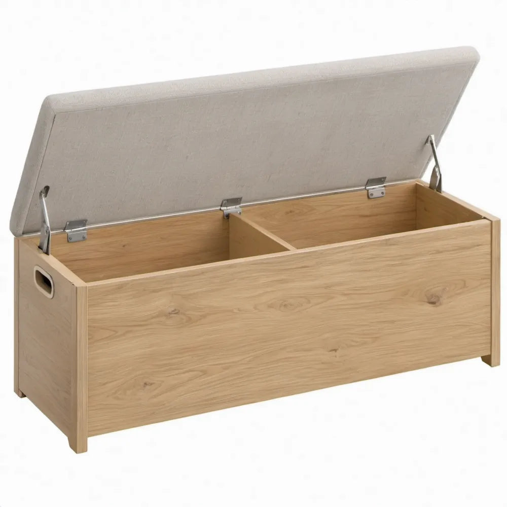 Opbergbank met gestoffeerd deksel, 100 x 40 x 50 cm, naturel eiken en lichtbeige