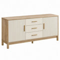 Dressoirkast met 2 geribbelde deuren en 3 laden, 140 x 40 x 80 cm, beige/eikenkleurig
