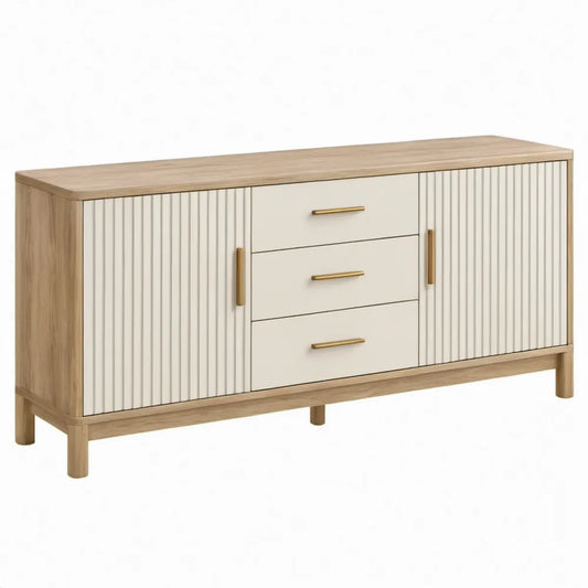 Dressoirkast met 2 geribbelde deuren en 3 laden, 140 x 40 x 80 cm, beige/eikenkleurig
