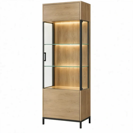 Vitrinekast met LED-verlichting, 80 x 40 x 190 cm, naturel eikenkleur, zwart en transparant