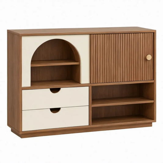Opbergkast met 2 laden, 4 open vakken en roldeur, 100 x 40 x 80 cm, Walnootbruin/Crème