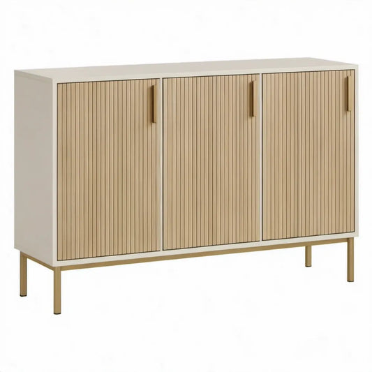 Beige dressoir met 3 geribbelde deuren, 120 x 40 x 80 cm