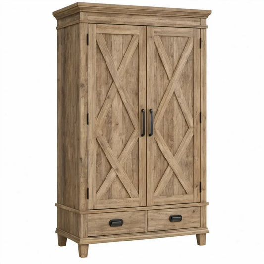 Massief Grenenhouten Kast met 2 Deuren en 2 Laden, 100 x 45 x 180 cm, Lichtbruin/Zwart