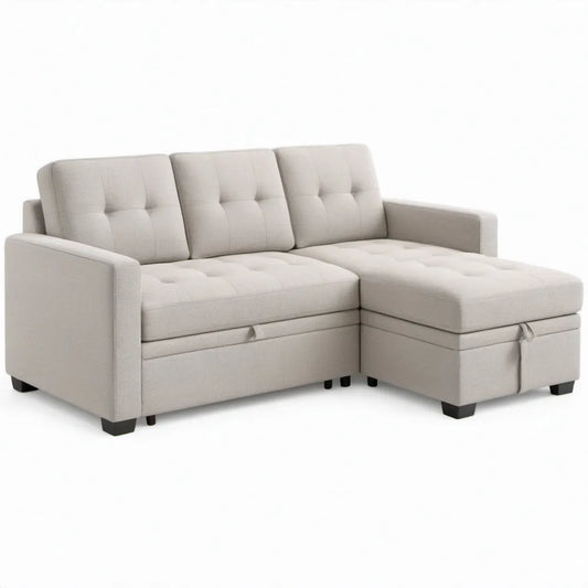 Crèmekleurige hoekbank met slaapfunctie en opbergruimte, rechtszijdige chaise longue, 220 x 145 x 85 cm