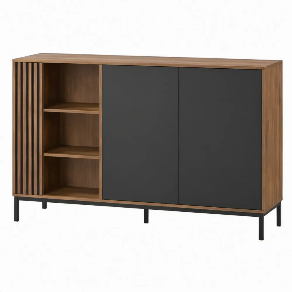 Dressoirkast met 2 deuren en 3 open vakken, 160 x 40 x 90 cm, walnootbruin en donkergrijs
