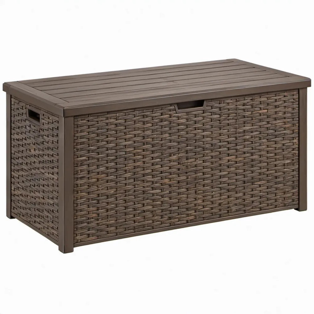 Bruine buitenopbergbox van PP-kunststof met rotanlook 120 x 56 x 60 cm