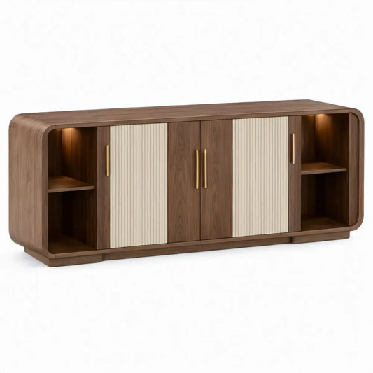 Dressoir met 4 deuren en ledverlichting, 200 x 45 x 85 cm, walnootbruin/crème/goudkleurig
